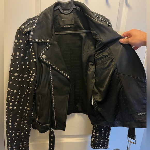 Maison Scotch and Soda Punk Radar Sheepskin Leather Studded Biker Jacket - Picture 4 of 6